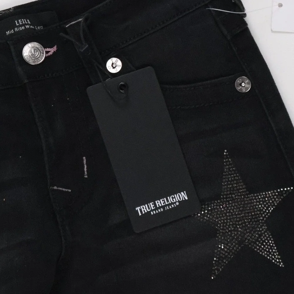 True Religion Leila Wide Leg Jeans Antique Black Star Rhinestone 7 NWT $79